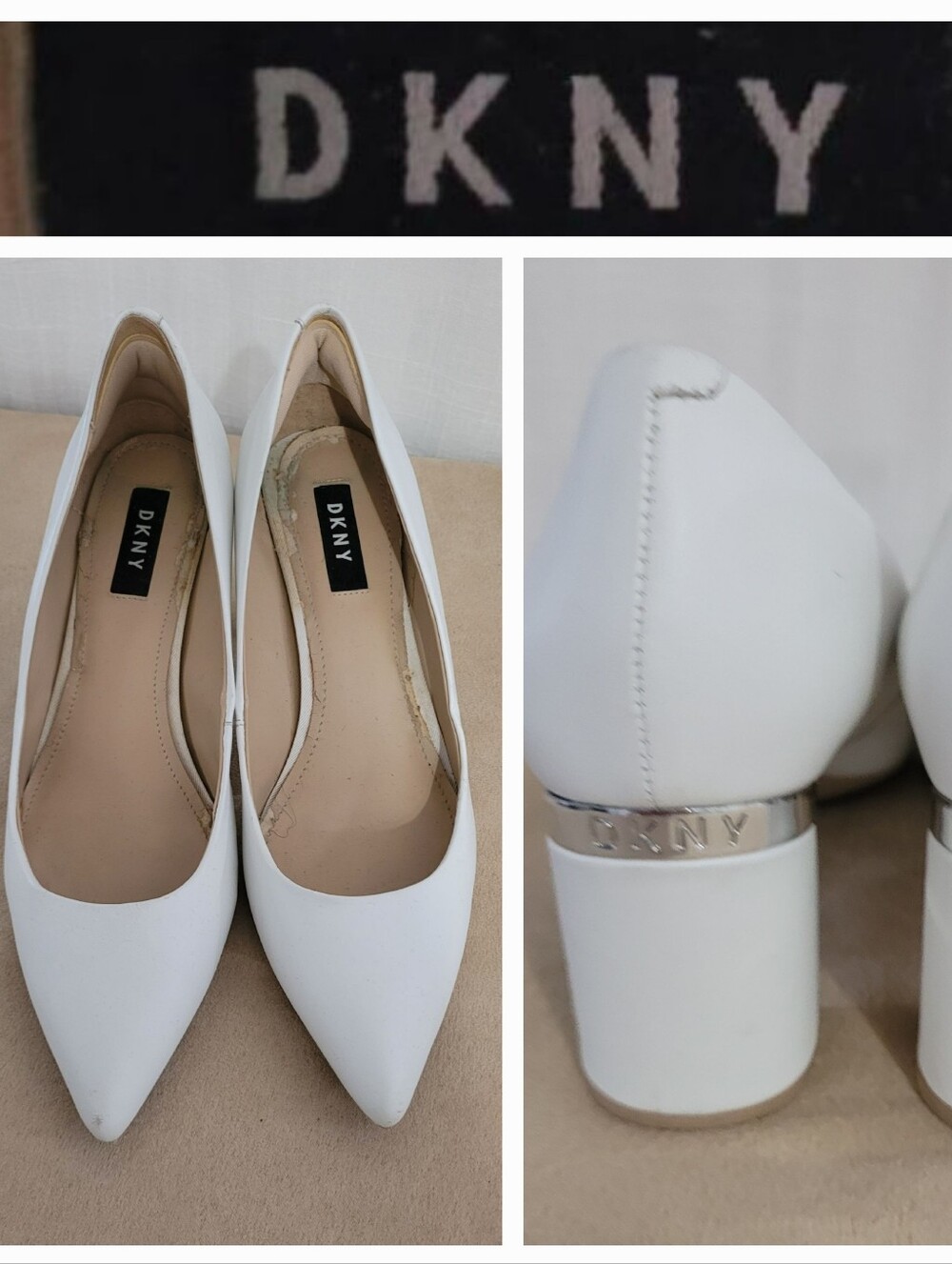 DKNY White Pointed Block Heel Pumps with Branded Metallic Accent